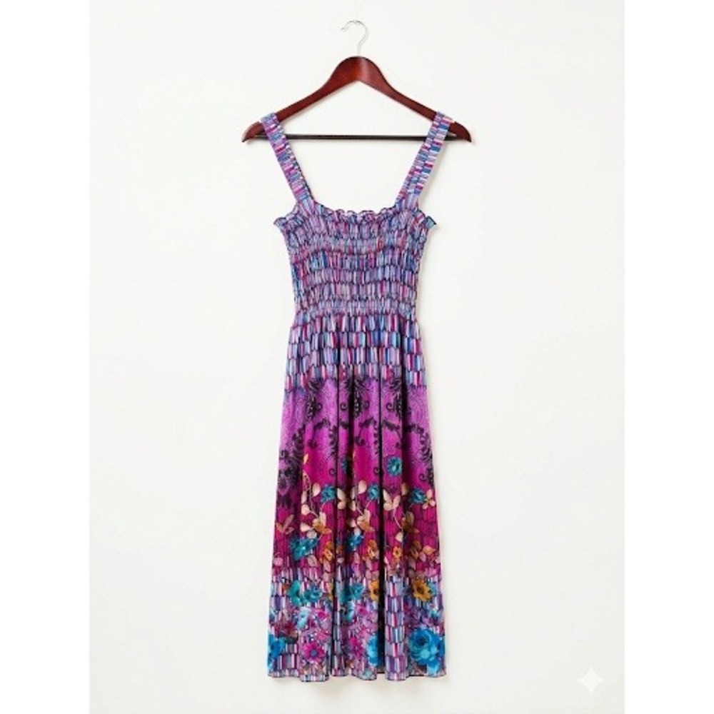 Basix‎ of America Womens Dress Midi Size M Boho Smocked Floral Geometric